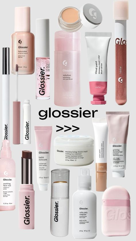 Glossier Best Products, Glossier Highlighter, Glossier Cleanser, Preppy Items, Glossier Aesthetic, Glossier Blush, Packaging Skincare, Glossier Girl, Skincare Wishlist