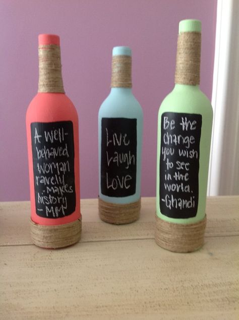 Paint wine bottles, add string to decorate and paint a portion with chalkboard paint to change quotes! Recycled Wine Bottles, Pinterest Crafts, Pinterest Diy Crafts, Painted Wine Bottles, Wine Bottle Decor, Chalkboard Paint, Diy Wine, Wine Bottle Crafts, Liquor Bottles