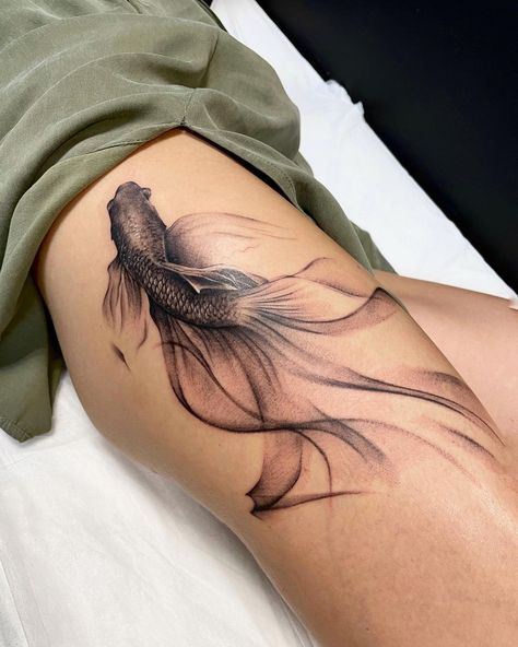 (1) Facebook Tiger Fish Tattoo, Fish In A Birdcage Tattoo, Flowy Fish Tattoo, Ink Wash Tattoo, Coy Fish Tattoo Women, Koi Fish Tattoo Women, Koi Fish Rib Tattoo, Cool Fish Tattoo, Water Animal Tattoo