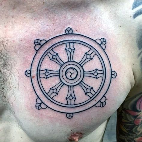 40 Dharma Wheel Tattoo Designs For Men - Dharmachakra Ink Ideas Wheel Of Dharma Tattoo, Divine Masculine Tattoo, Dharma Wheel Tattoo Design, Dharma Wheel Tattoo, Dharma Tattoo, Common Tattoos, Wheel Tattoo, Masculine Tattoos, Buddhist Tattoo