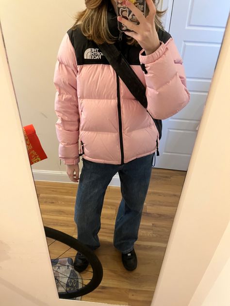 Pink Northface Puffer, Northface Jacket Outfits, Super Puff Outfit, September Reset, North Face Jacket Outfit, Pink Jacket Outfit, Uk Winter, Winter Jacket Outfits, Pink North Face