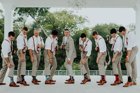 Groomsmen Mountain Wedding, Groomsmen Attire Tan Pants, Tan Pants With Suspenders Wedding, Rustic Wedding Mens Attire Jeans, Tan Suspenders Groomsmen, Earthy Groomsmen Attire, Barn Wedding Groomsmen Attire, Groomens Attire, Groomsmen Attire Suspenders