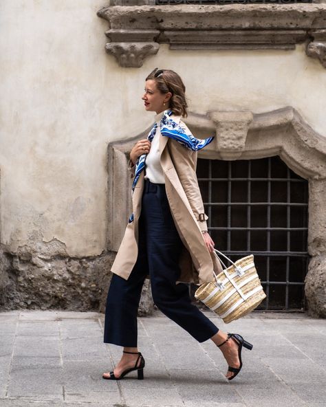 DAILY LOOK:  Sandro Navy Trousers (sold out, similar)  N. Peal Cashmere Sleeveless Turtleneck  Brooks Brothers Trench Coat Sarah Flint Navy Croc Perfect Block Sandals c/o Sarah Flint Hidden Garden Scarf c/o Altuzarra Straw Bag Prada… Navy Trousers Outfit, Stacie Flinner, Parisian Wardrobe, Trench Coat Outfit, Cashmere Dress, Outfit Formulas, Paris Outfits, Sleeveless Turtleneck, Insta Inspo