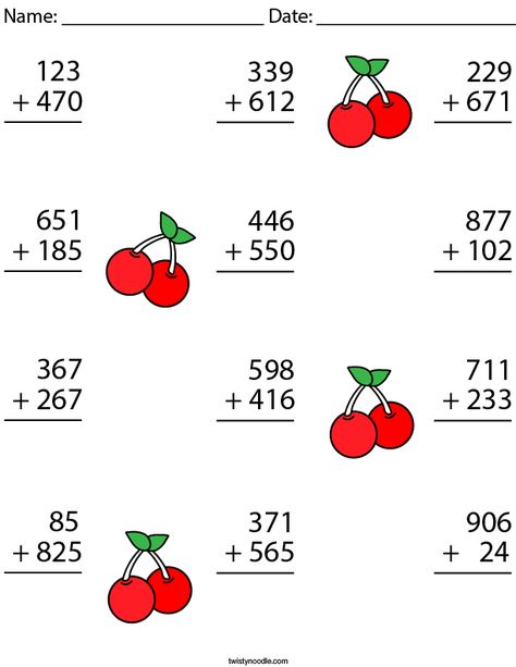 3 Digit Addition Challenge Math Worksheet - Twisty Noodle 3 Digit Subtraction, Holiday Math Worksheets, Fun Math Worksheets, Homework Worksheets, Math Enrichment, Math Practice Worksheets, Holiday Homework, Free Printable Math Worksheets, 4th Grade Math Worksheets