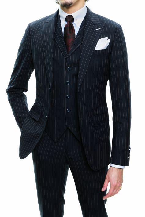 English Hunting Outfit, Navy Blue 3 Piece Suit, Double Breasted Pinstripe Suit, Blue 3 Piece Suit, Pin Stripe Suit, Peak Lapel Suit, Black Pinstripe Suit, Stripe Suit, Flannel Suit