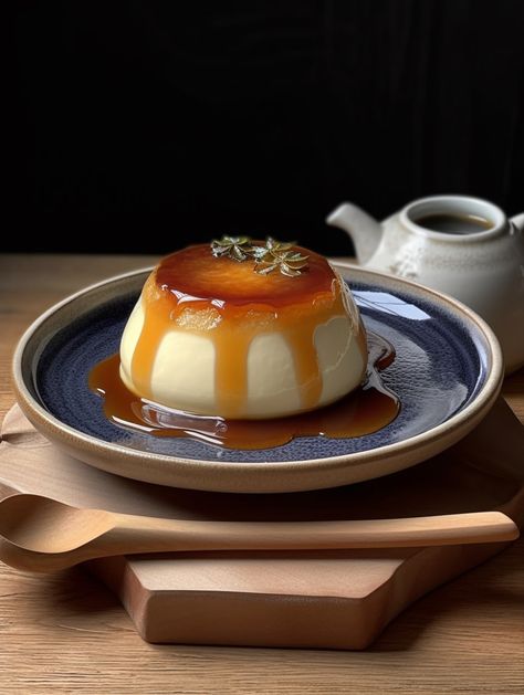 Caramel Pudding Aesthetic, Food Photography Japanese, Japanese Dessert Aesthetic, Pudding Aesthetic, Japanese Food Photography, Japan Dessert, Food Photography Dessert, Desserts Drawing, Caramel Pudding