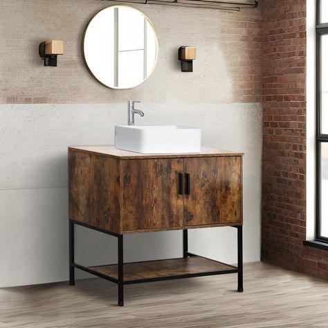 Amazon.com: UEV Rustic Brown 36" Bathroom Vanity with Sink,Industrial Iron Frame Bathroom Cabinet Set with Doors & Shelf,with Modern Artistic Ceramic Vessel Sink Combo(WH032) : Everything Else Open Metal Bathroom Vanity, Industrial Bathroom Vanity Wood, Farmhouse Industrial Bathroom Vanity, Industrial Farmhouse Bathroom Vanity Cabinets, Vessel Copper Sink And Mirror, Industrial Cabinet, 36 Bathroom Vanity, Industrial Bathroom, Door Shelves