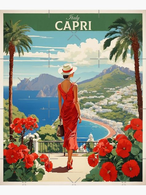 50s Travel Poster, 1950s Travel Posters, Vintage Travel Ads, Capri Illustration, Italy Vintage Poster, Italy People, Poster Tourism, 1960s Posters, Limoncello Spritz