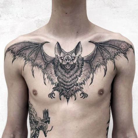 Chest Tattoo Bat, Vampire Tattoo Designs, Fire Tattoos, Bat Tattoos, Deer Skull Tattoos, Chest Tattoo Drawings, Thigh Tattoo Men, Vampire Tattoo, Stick Tattoo