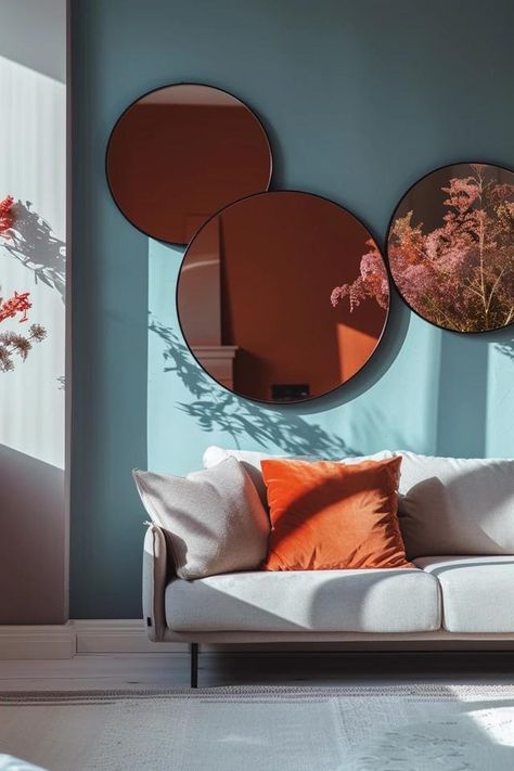 How To Arrange 3 Circle Mirrors On Wall: Decorative Layout Mirror And Art Wall Layout, Two Round Mirrors On Wall, Three Round Mirrors On Wall Ideas, 3 Circle Mirrors, Layered Mirrors, Mirror Collage Wall, Mirrors On Wall, Wall Decor Arrangements, Circle Mirrors