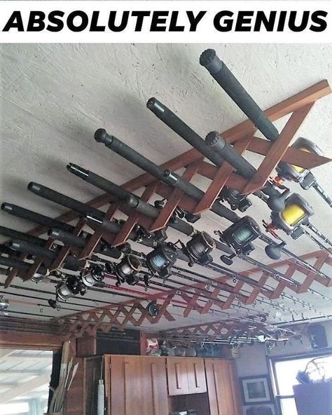 Garage Storage Ideas Tools, Diy Fishing Rod Holder, Fishing Pole Storage, Diy Fishing Rod, Fishing Pole Holder, Storage Shed Organization, Garage Workshop Organization, Fishing Storage, Fishing Rod Storage