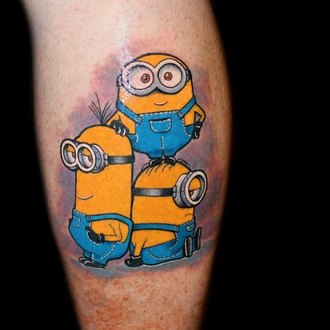 Minions tattoo by Chris 51 from Area 51Tattoo, Springfield, OR and Epic Ink TV on A&E Area 51 Tattoo, Starbrite Tattoo Ink, Minion Tattoo, Ice Cream Tattoo, Minion Art, Purple Minions, Cartoon Character Tattoos, Cartoon Tattoos, Banana Cream