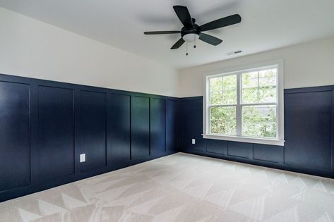 Navy Blue Wood Panel Wall, Navy Blue Bedroom Board And Batten, Navy Blue Wall Paneling, Navy Blue Accent Wall Entry Way, Blue Panel Wall Bedroom, Navy Blue Half Wall, Blue Panelling Living Room, Navy Panelling Living Room, Navy Blue Board And Batten Wall