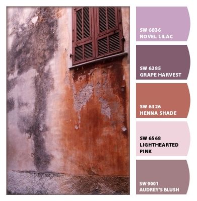 Paint colors from ColorSnap by Sherwin-Williams Terracotta And Purple Bedroom, Lavender And Rust Color Palette, Sherwin Williams Mauve Colors, Copper Colour Palette, Violet Color Palette, Lilac Interior, Peach Color Schemes, Terracotta Kitchen, 2024 Colors