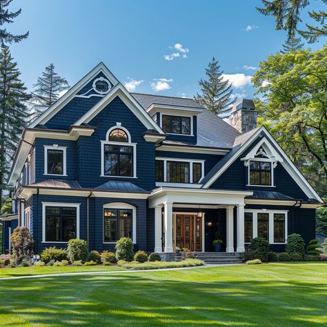 Country Suburban House, American Family House, Suburban House Exterior, House Color Ideas, Navy House Exterior, Navy Blue House, Pictures Of Houses, Colonial House Exterior, Dark Blue House