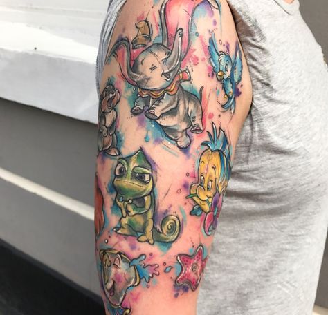 Disney Watercolor Tattoo, Watercolor Tattoo Sleeve, Disney Inspired Tattoos, Small Watercolor Tattoo, Disney Sleeve Tattoos, Disney Sleeve, Disney Princess Tattoo, Disney Tattoo, Bff Tattoos