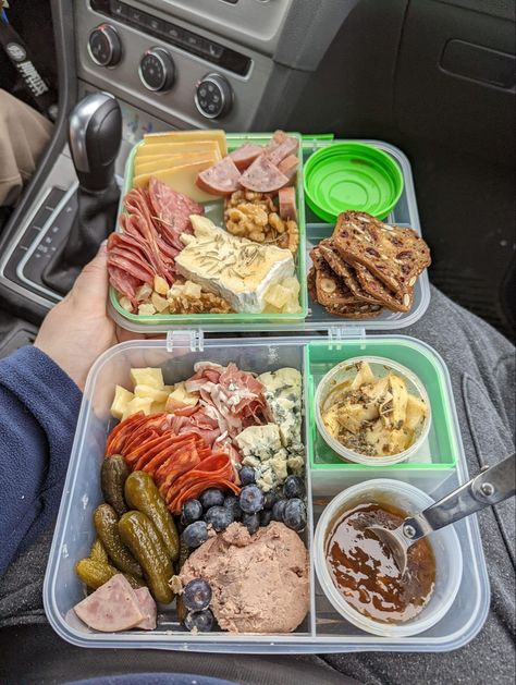 Travel Charcuterie Board! Travel Snacks, cheese, pickles, pate, Brie, jam, salami Charcuterie Board Travel, Travel Charcuterie Board, Travel Charcuterie, Adult Lunchables, Cheese Pickles, Snackle Box, Wine Snacks, Bento Ideas, Road Trip Food