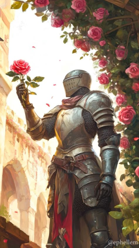 Guards Aesthetic, Knight Of Flowers, Rose Knight, Knight Aesthetic, Fantasy Knight, Medieval Artwork, Dark Fantasy Artwork, Shining Armor, Knight In Shining Armor