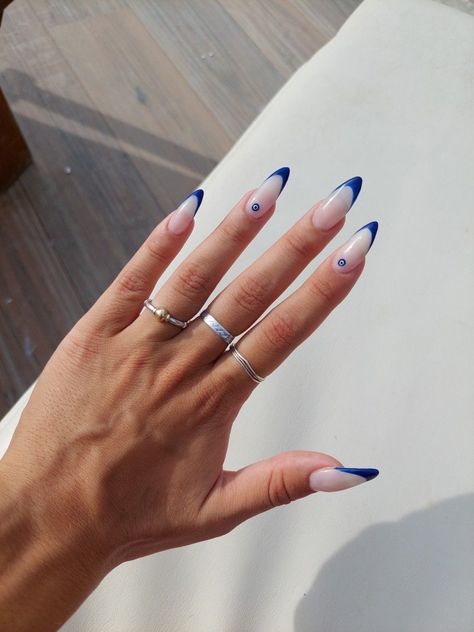 Blue Nailart Nails, Acrylic Nails Evil Eye Design, Greek Style Acrylic Nails, Nails With Turkish Eye, Turkish Eye Acrylic Nails, Turkish Evil Eye Nails, Nails With Eye Design, Turkish Blue Nails, Turkish Nails Designs