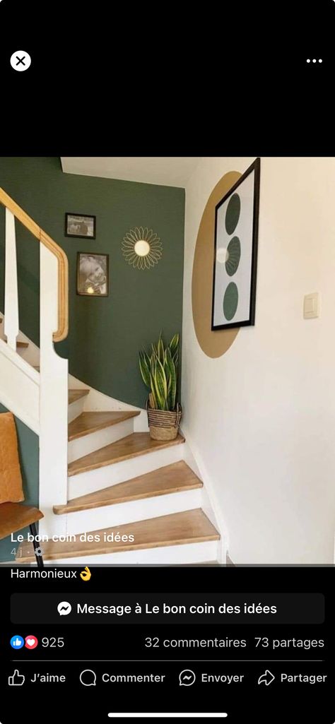 Decoration Cage Escalier, Accent Wall Staircase, Accent Wall Hallway, Stairwell Accent Wall, Back Door Entrance, Green Accent Walls, Pony Wall, Stair Wall, Hallway Inspiration