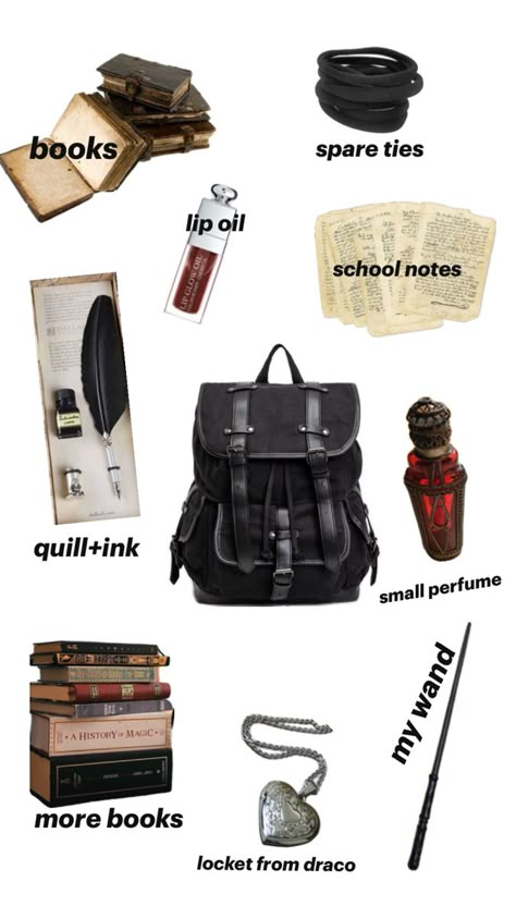 Slytherin Academia, Girl Bag Essentials, Romanticizing School Aesthetic, Uncle Vernon, Hogwarts Bag, Old Harry Potter, Soft Masc, Dark Academia School, Dark Royalty Aesthetic