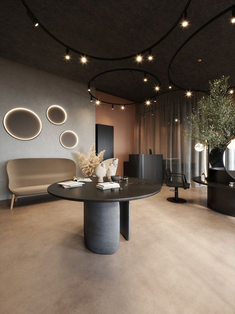 Hair salon interior | Behance Art Deco Hair Salon, Hair Salon Decor Rustic, Hair Saloon Designs, Ikea Salon Station Ideas, Hair Salon Design Modern, Dark Hair Salon, Black Hair Salon Aesthetic, Luxury Hair Salon Design, Hair Salon Interior Design Luxury