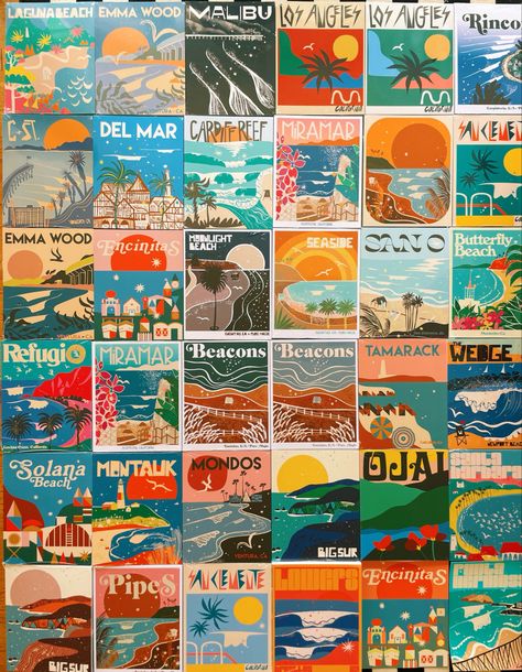 60s Travel Poster, California Illustration Graphics, Travel Graphic Design Poster, Travel Art Prints, Retro Beach Poster, Postcard Back Design, Vintage Postcard Design, Vacation Poster Design, California Illustration