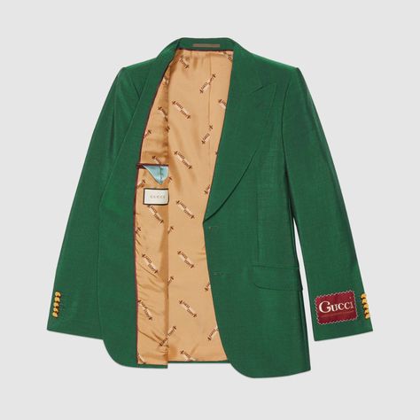 Green Wool mohair jacket with Gucci label | GUCCI® US Gucci Label, Gucci Blazer, Elbow Patch Blazer, Sartorial Style, Wool Jackets, Designer Jackets For Men, Light Grey Suits, Luxury Jacket, Winter Styles