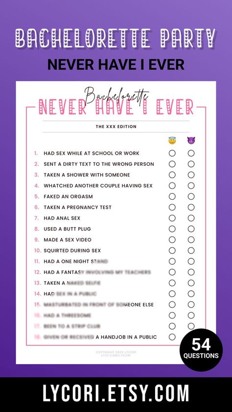 Never Have I Ever, Naughty Party Games, Bachelorette Party, Hen Party, Girls Night, Printable Bachelorette Party Never Have I Ever, Spicy Party Games, Never Have I Ever Questions Adult Party, Girls Game Night Ideas, Never Have I Ever Questions Dirty, Never Have I Ever Questions Juicy, Questions Spicy, Truth Or Drink Questions, Hens Night Ideas