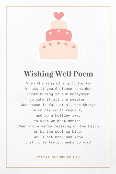 Wishing Well Poems, Diy Wishing Wells, Wishing Well Wedding, Simple Poems, Wishing Wells, Wedding Wishing, Cash Gifts, Household Gifts, Stay At Home Mum