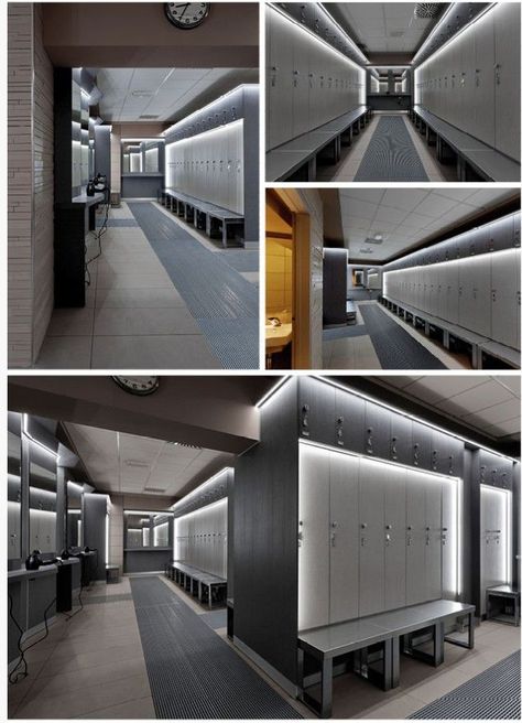 Modern locker room with sophisticated lighting. Fancy Locker Room, Sports Locker Room Aesthetic, Modern Lockers, Modern Locker Room, Gym Locker Room, Gym Locker Room Design, Locker Room Ideas, Locker Room Design, Modern Gym Interior Design