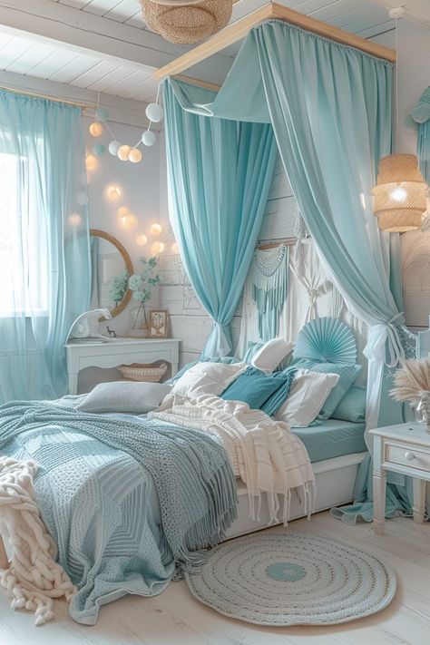 29 Girls Bed With Canopy Ideas for a Princess Vibe - My Elegant Home Blue Princess Room, Girls Bed With Canopy, Light Green Bedrooms, Bed With Canopy, Pastel Interior Design, Girls Bed Canopy, Best Master Bedrooms, Canopy Ideas, Princess Vibe