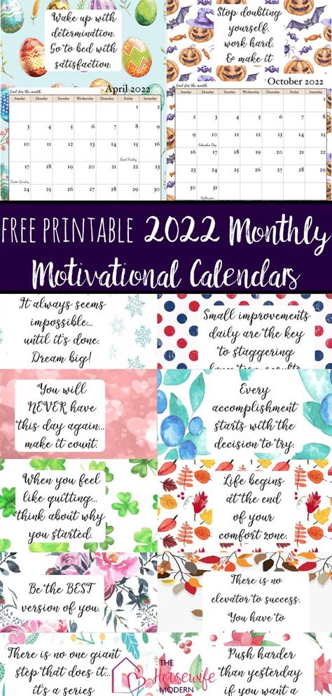 FREE Printable 2022 Monthly Motivational Calendars. Space for setting goals, different motivational quote each month, holidays marked. Get motivated and organized with this free printable calendar. Printables Organizational, Calendar Quotes, Free Printable Calendars, Printable Calendars, Unique Calendar, 2020 Calendar, Printable Calendar Template, Christian Cards, Monthly Calendar Printable