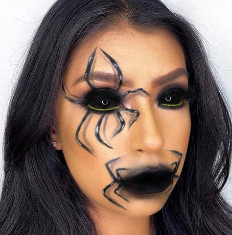 Spider Illusion Spider Witch Makeup, Spider Woman Halloween, Spider Eye Makeup, Halloween Face Art, Halloween Spider Makeup, Spider Web Makeup, Nude Colour Lipstick, Makeup Ideas For Halloween, Spider Makeup