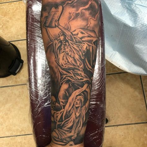 Moses Parting The Red Sea Tattoo, Moses Tattoos For Men, Biblical Tattoos Sleeve, Masculine Tattoos Men, Moses Tattoo, Samson Tattoo, Moses Red Sea, Tabernacle Of Moses, Houston Tattoos