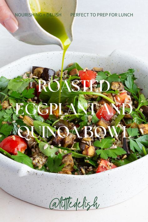 If you're looking for a healthy and nutritious lunch, look no further than the Roasted Eggplant + Quinoa Bowl from Little Delish! This delicious salad recipe is packed with flavors from roasted eggplant, quinoa, and other fresh ingredients, making it the perfect meal for a healthy and flavorful lunch. Eggplant And Quinoa Recipes, Chicken Eggplant, Salmon Quinoa, Quinoa Bowl, Roast Eggplant, Quinoa Salad Recipes, Fun Salads, Mediterranean Cuisine, Yummy Salad Recipes