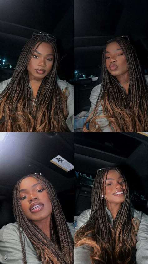 4 photos of black girl with brown French curl braids Braids Ombre Black Women, Black Ombre Box Braids, Braids For Black Women Ombre, Box Braids Hairstyles Ombre, Brown Ombré Braids, Maple Brown Box Braids, Medium Size French Curl Braids, Box Braids Ombre Hair, Goddess Braids Ombre