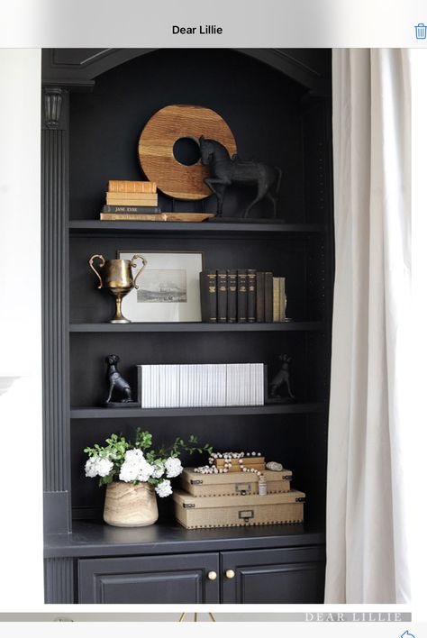 Dark Bookshelf Styling, Liquor Room, Black Accent Wall Living Room, Built In Shelf Decor, New Traditional Home Decor, Dark Bookshelves, Dark Wood Bookcase, Bookshelves Display, Property Staging