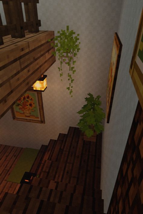 Cottagecore Stairs, Minecraft Cottagecore, Cottagecore Aesthetic, Minecraft, Stairs, Lighting, Plants, Home Decor, Home Décor