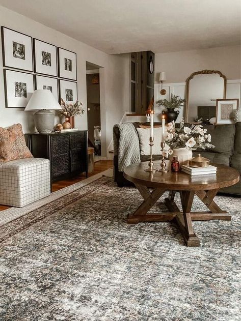 Vintage Style Rugs Living Rooms, Connecting Living Room And Dining Room, Patina Home Decor, Big Plain Wall Ideas Living Room, Euro Farmhouse Living Room, Gray Couch With Green Accent Chairs, Layer Rugs Dining Room, House Style Inspiration, Boho Decor Around Tv