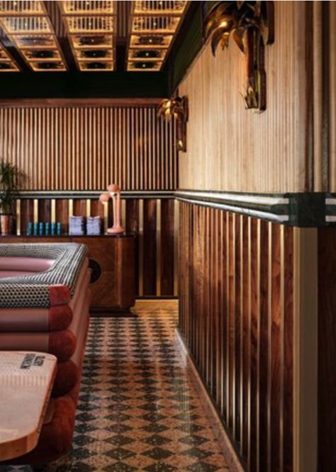 Fluted Wood Wall, Pink Morning Glory, Fluted Wood, Mirror Ceiling, Material Library, Brunch Spots, Restaurant Interior Design, Commercial Interior Design, Hospitality Design