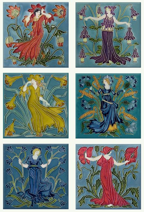 Medieval Tiles, Pre Raphaelites, Arts And Crafts Tiles, Crane Art, Flower Tiles, Nouveau Flowers, Pre Raphaelite Art, Walter Crane, Medieval Tapestry