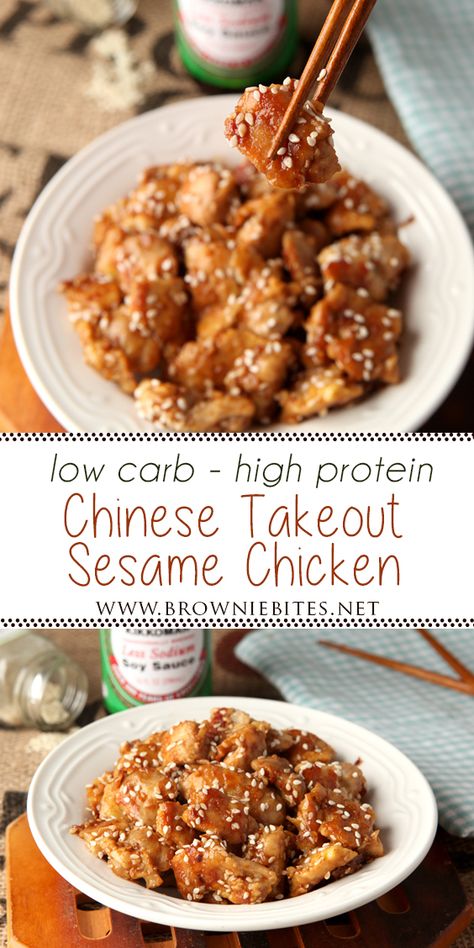 Low Carb Sesame Chicken (Just Like Takeout) - Brownie Bites Blog High Protein Low Carb Chinese, Bariatric Chinese Recipes, Bariatric Chinese Food, High Protein Chinese Food, High Protein Low Carb Chicken Recipes, Low Carb Chinese Recipes, Low Carb Asian Recipes, Low Carb Sesame Chicken, Keto Sesame Chicken