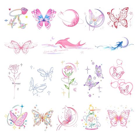 DIVAWOO 21 Sheets Butterfly Temporary Tattoo, Realistic Multi-colored Waterproof Fake Tattoos Stickers for Women Festival Halloween Sheet Music Tattoo, Butterfly Temporary Tattoo, Kawaii Tattoos, Colorful Butterfly Tattoo, Bts Tattoos, Cute Tats, Kawaii Tattoo, Tattoos Geometric, Tatuaje A Color