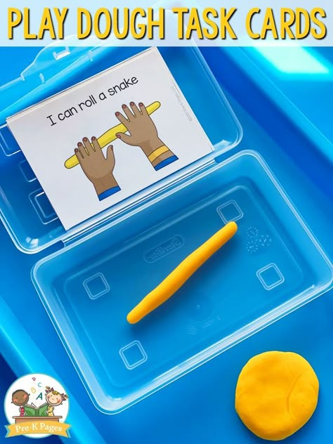 Play Dough Activity in Pencil Box You can use these printable “I Can” task cards to help your students stay on task in the play dough center. Sometimes, just adding a few picture cues or task cards can increase engagement in a learning center. #preschool #playdougcenter Preschool Centers Ideas, Play Dough Center, Learning Activities Preschool, Preschool Fine Motor Activities, Prek Classroom, Playdough Activities, Preschool Centers, Preschool Fine Motor, Fine Motor Skills Activities