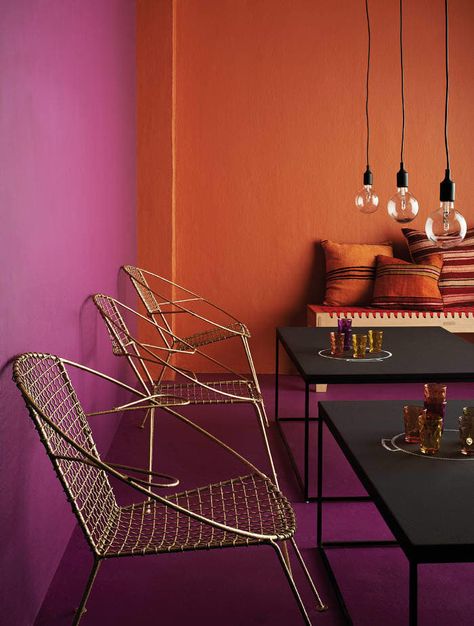 Unexpected Color Pairings We’re Stealing from the French Plascon Colours, Purple Room, Orange Rooms, Orange Color Palettes, Color Forecasting, Purple Interior, Purple Rooms, Primitive Homes, Orange Interior