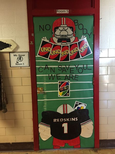 Card games door decorations competition uno door Hoco Door Ideas, School Pride Door Decorations, Door Decorations Classroom Homecoming, Football Door Decorations For School, Uno Door Decorations, Hoco Door Decorating Football, School Spirit Door Decorating Contest, Spirit Week Door Decorations, Board Games Door Decorations