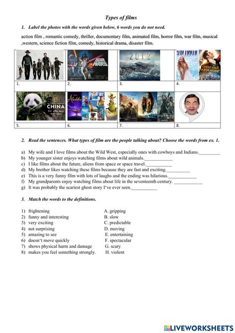 Films - movies online worksheet for Pre -intermediate. You can do the exercises online or download the worksheet as pdf. Cinema Movie Theater, Esl Materials, Advance English, Films Movies, The Worksheet, Film Genres, Cinema Theatre, English Language Teaching, Science Fiction Film