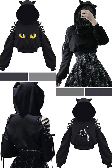 😻 Do you love cute hoodies with cat ears and anime style? 😻🎀 Cat Jacket With Ears, Cat Hoodie With Ears, Kawaii Long Sleeve Hoodie With Cat Design, Black Hoodie With Cat Design, Black Cat Print Hoodie For Winter, Cute Hoodies, Animal Hoodie, Cat Hoodie, Gothic Punk