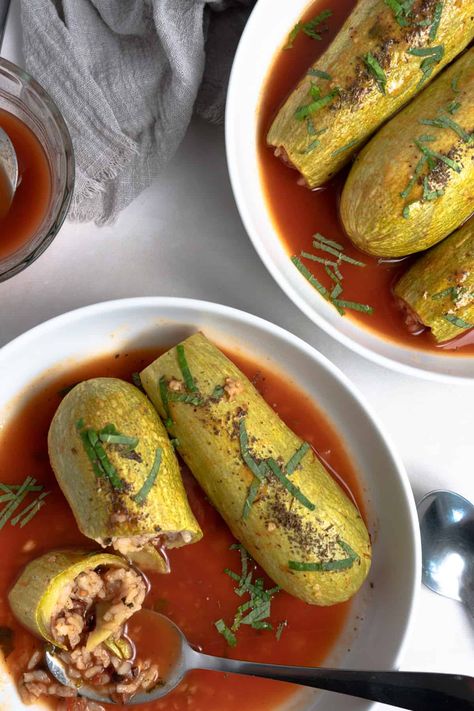 Kousa Mahshi, Vegan Lebanese, Spiced Vegetables, Stuffed Zucchini, Tomato Broth, Zucchini Squash, Toasted Pine Nuts, Pine Nuts, Broth